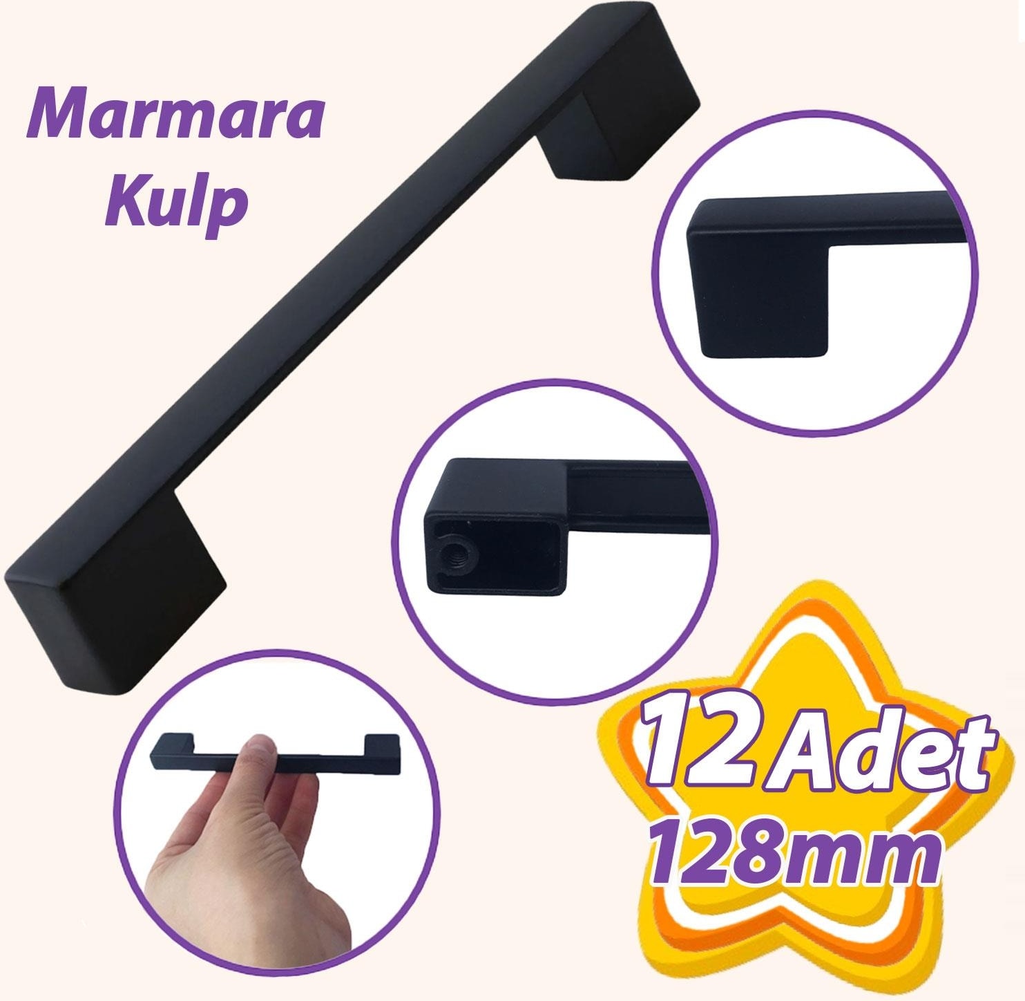 12 Adet Marmara Kulp 128 mm Siyah Mutfak Kulpu Çekmece Dolap Kapak Kulbu Metal Mobilya Dolabı Kulpları