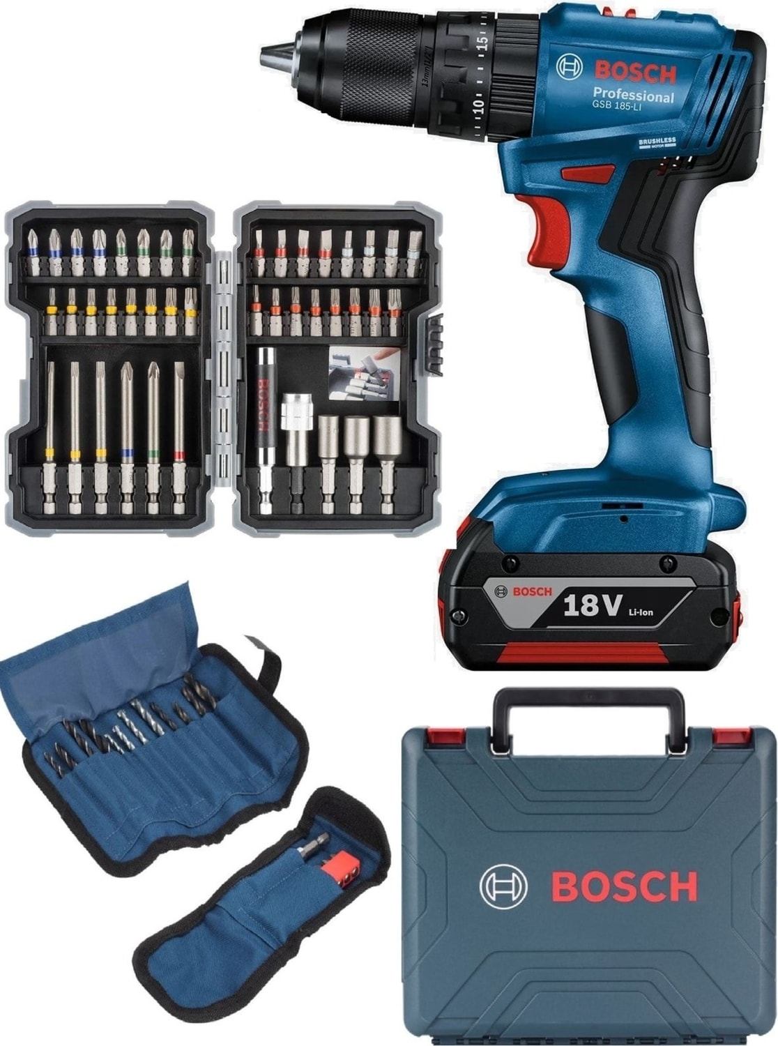 Professional Gsb 185-LI 2.0 Ah Tek Akülü Kömürsüz Motor Darbeli Matkap + 23 Parça Aksesuar Set - 06019K3102 +  Professional 43 Parça Vidalama Ucu Seti -2607017164