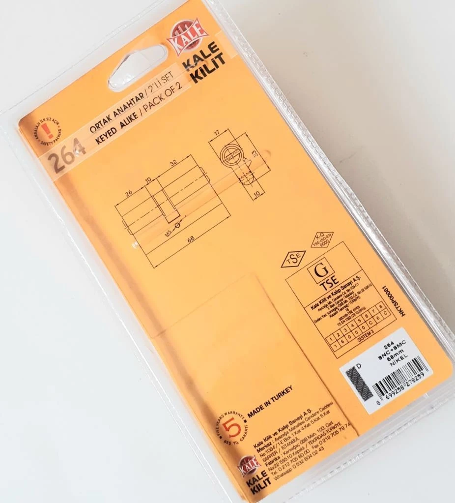 MS 58 Pirinç Silindir Kapı Kilit Göbeği 60 mm – Ortak Anahtar, İkiz Barel ve Çelik Pimli Delinmeye Karşı Koruma