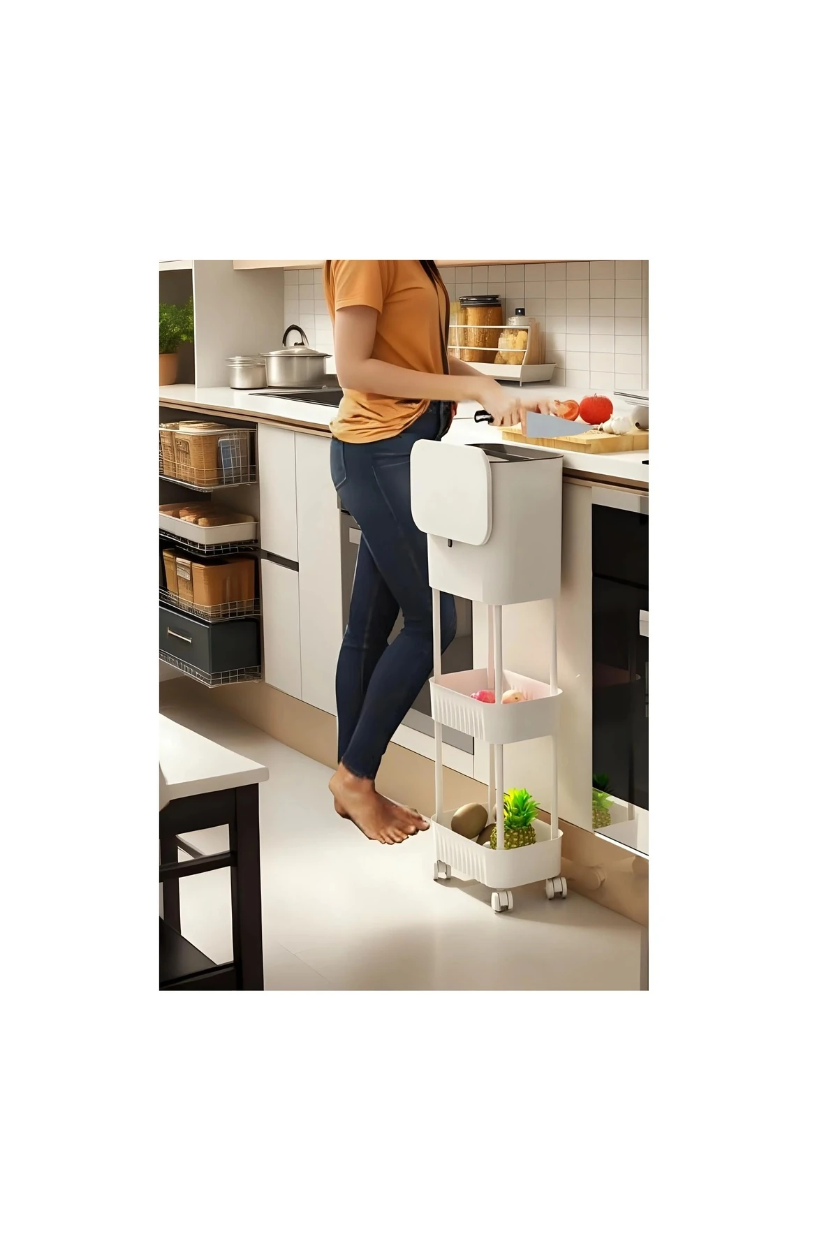 Beyaz 15 Litre Çift Raf Üniteli Tekerlekli Fonksiyonel Kapaklı Banyo Ve Mutfak Çöp Kovası Beyaz