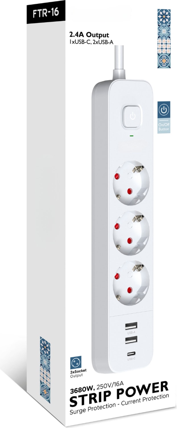 1.8mt Akım Korumalı Priz 3 Lü Grup Priz Çocuk Korumalı 2 USB +1 Type C Girişli 3lü Priz
