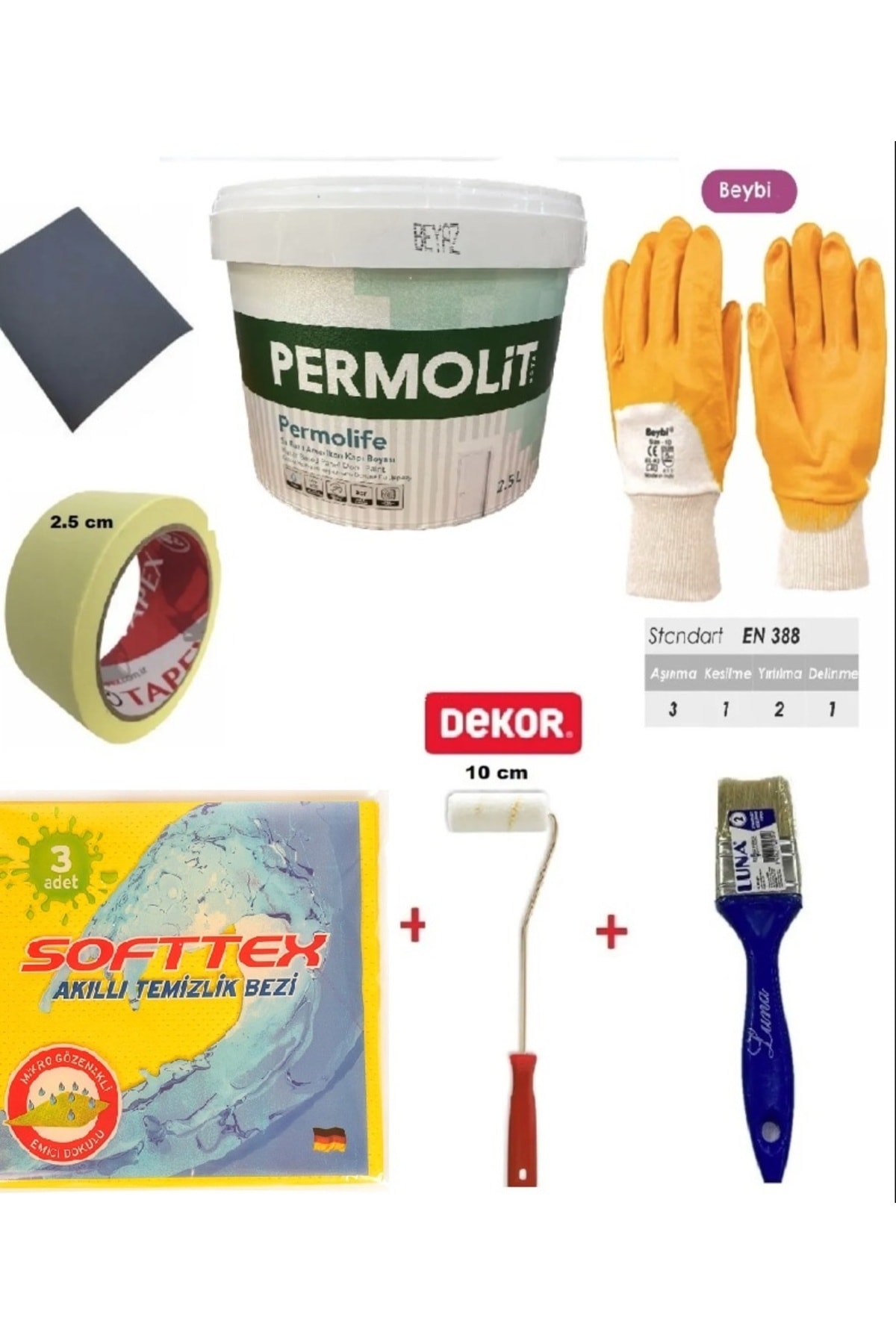 Permolife Su Bazlı Amerikan Panel Kapı Boyası Beyaz 0,75 Lt Rulo, Fırça, Zımpara, Eldiven, Band Vs