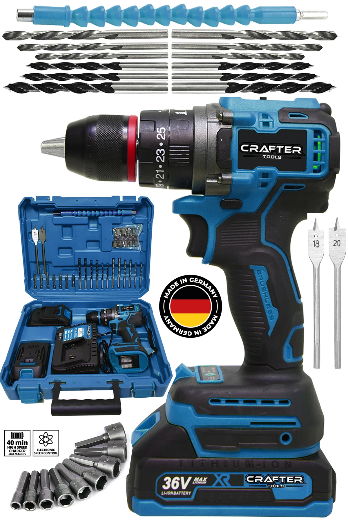 36V 5Ah Kömürsüz Motor Çelik Mandren Akülü Vidalama Darbeli Şarjlı Matkap Seti Mavi ALT100