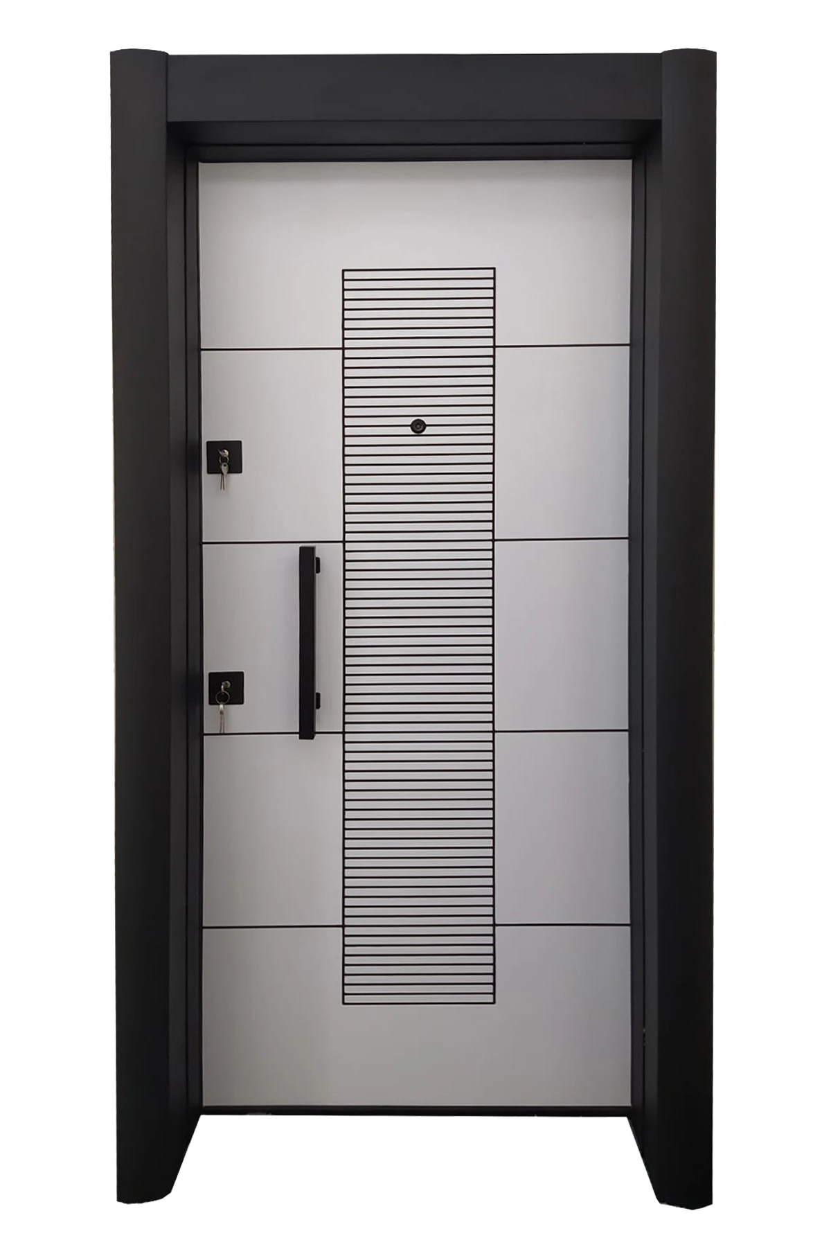 Çelik Kapı, Tırnaklı Çelik Kapı, Düz Model Kapı, Beyaz Renk Antrasit Desenli Çelik Kapı Sağ Açılım