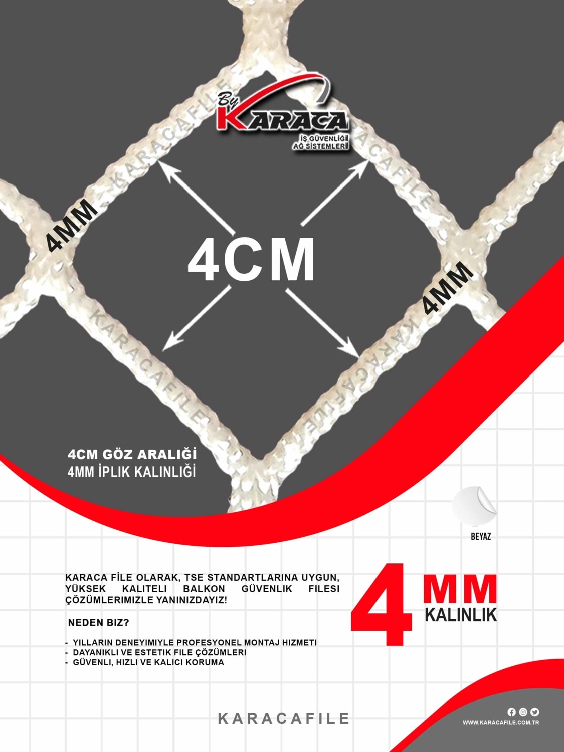 Balkon Güvenlik Filesi – 2 M Yükseklik | Metreyle Kesim | 4 mm Ip, 4x4 cm Göz Aralığı + Montaj Aparatları (Beyaz)