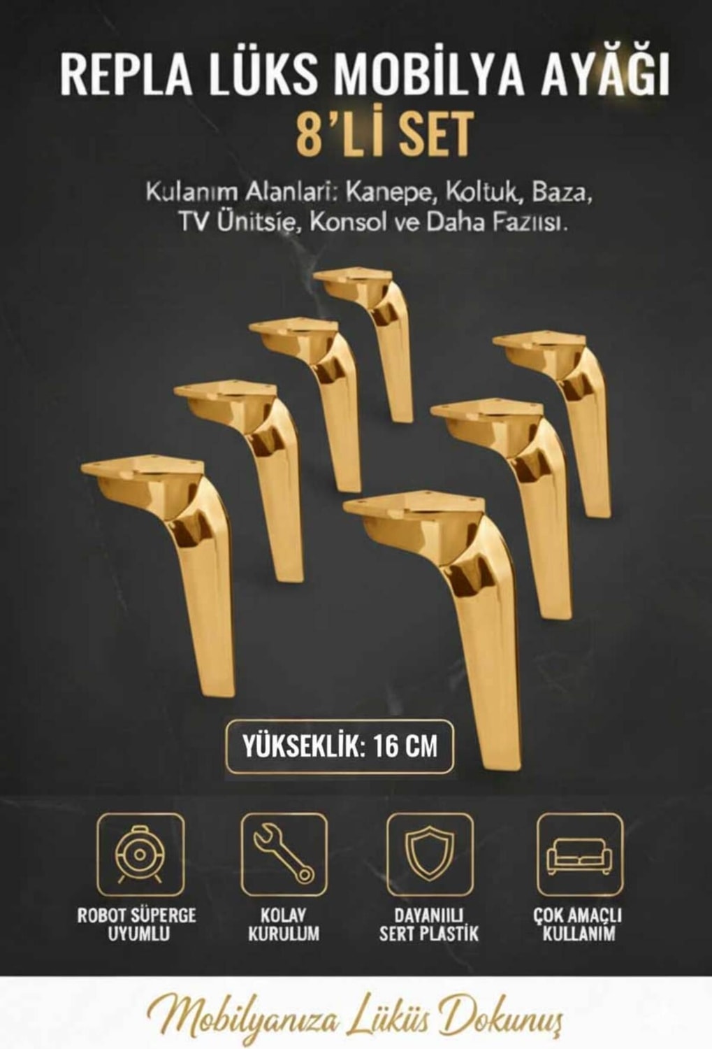 Repla Mobilya Kanepe Tv Ünitesi Koltuk ve Konsol Dolap Ayağı 16 cm Altın
