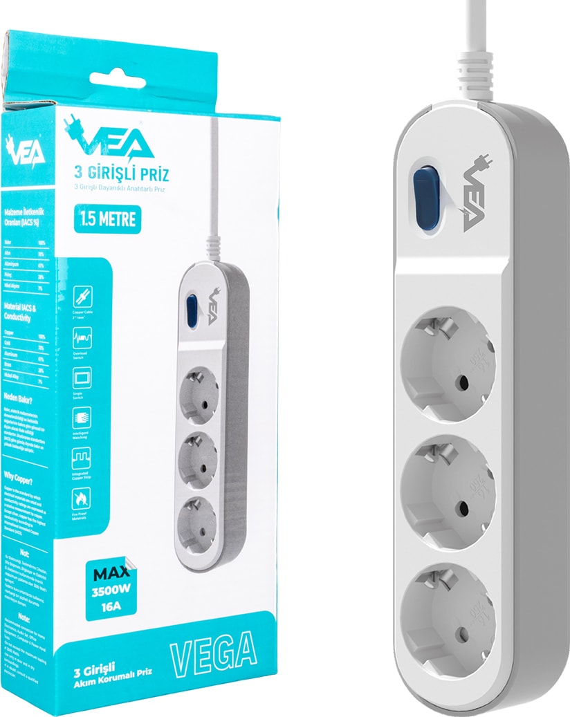 VE-VEGA103 A Class 3'lü Anahtarlı 1.5 Metre Akım Korumalı Grup Priz (Made In Malaysıa)