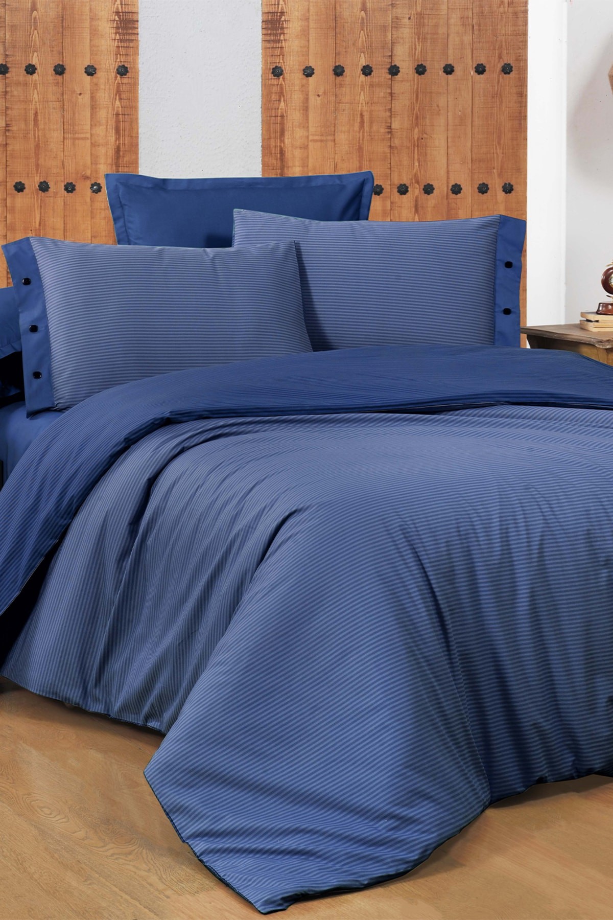 New Fancy Stripe Lacivert King Size (battal Boy) %100 Pamuk Çizgili Nevresim Takımı