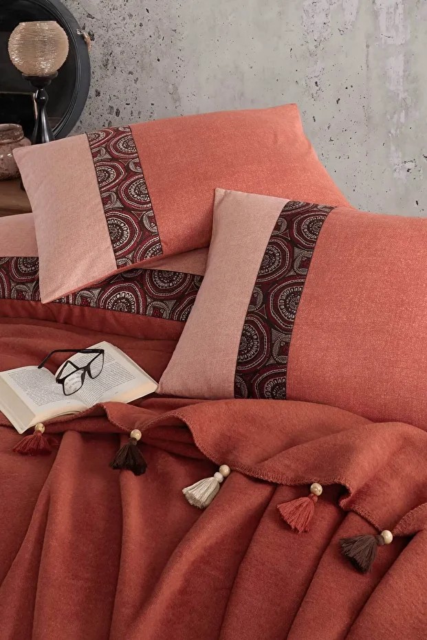 Pamuk Nevresimli Battaniye Seti 5 Parça Charm Kiremit