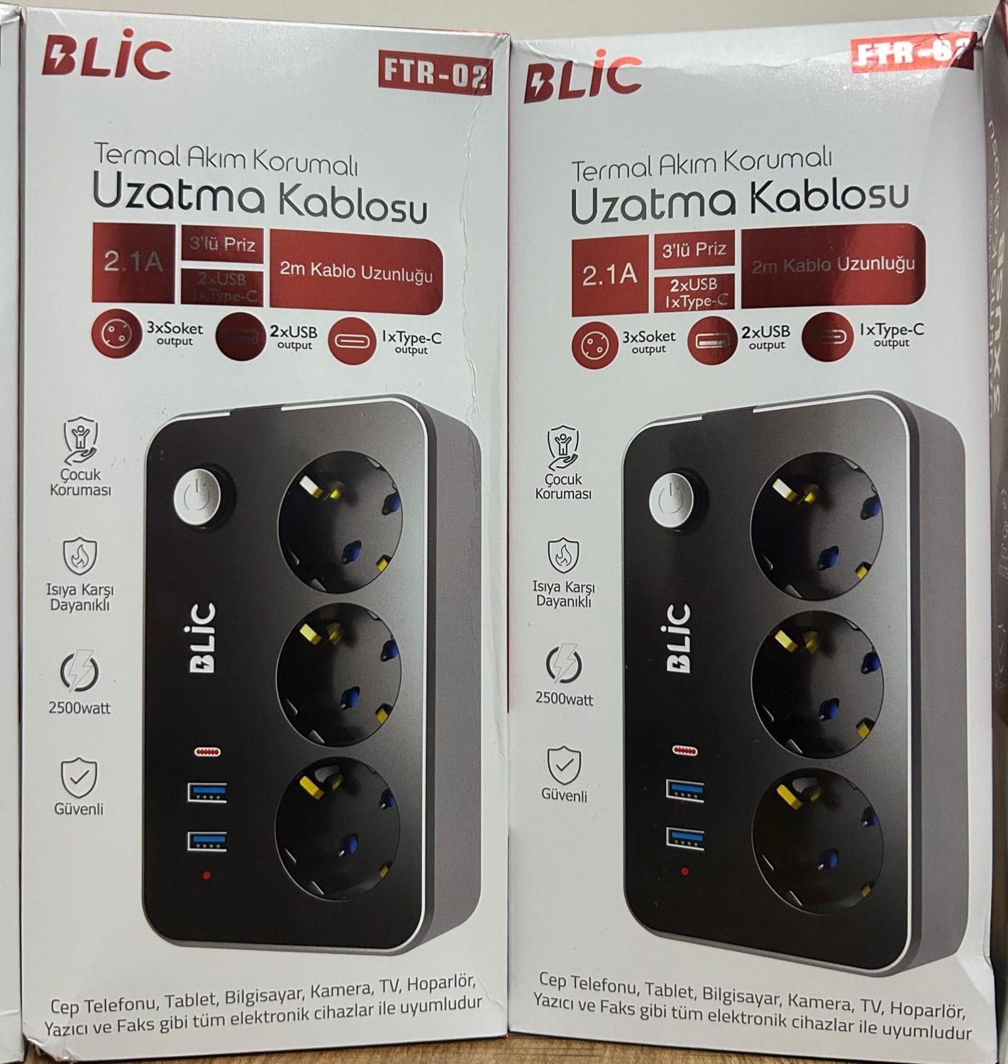 Blıc 2*usb-A,1*type-C, 2 Metre Kablolu Akım Korumalı Priz