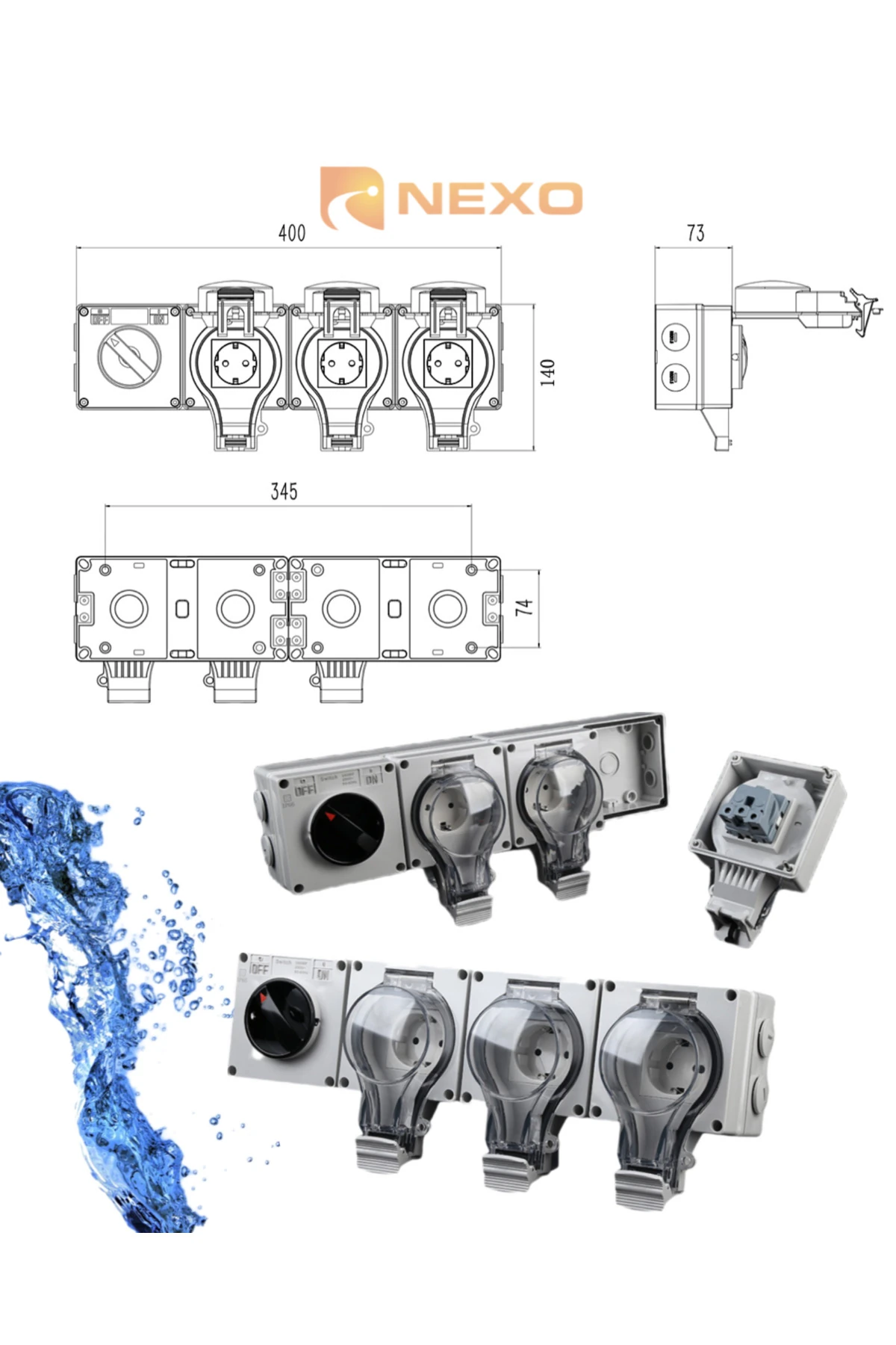 Su geçirmez Tek şalterli 3'lü priz (IP 66)