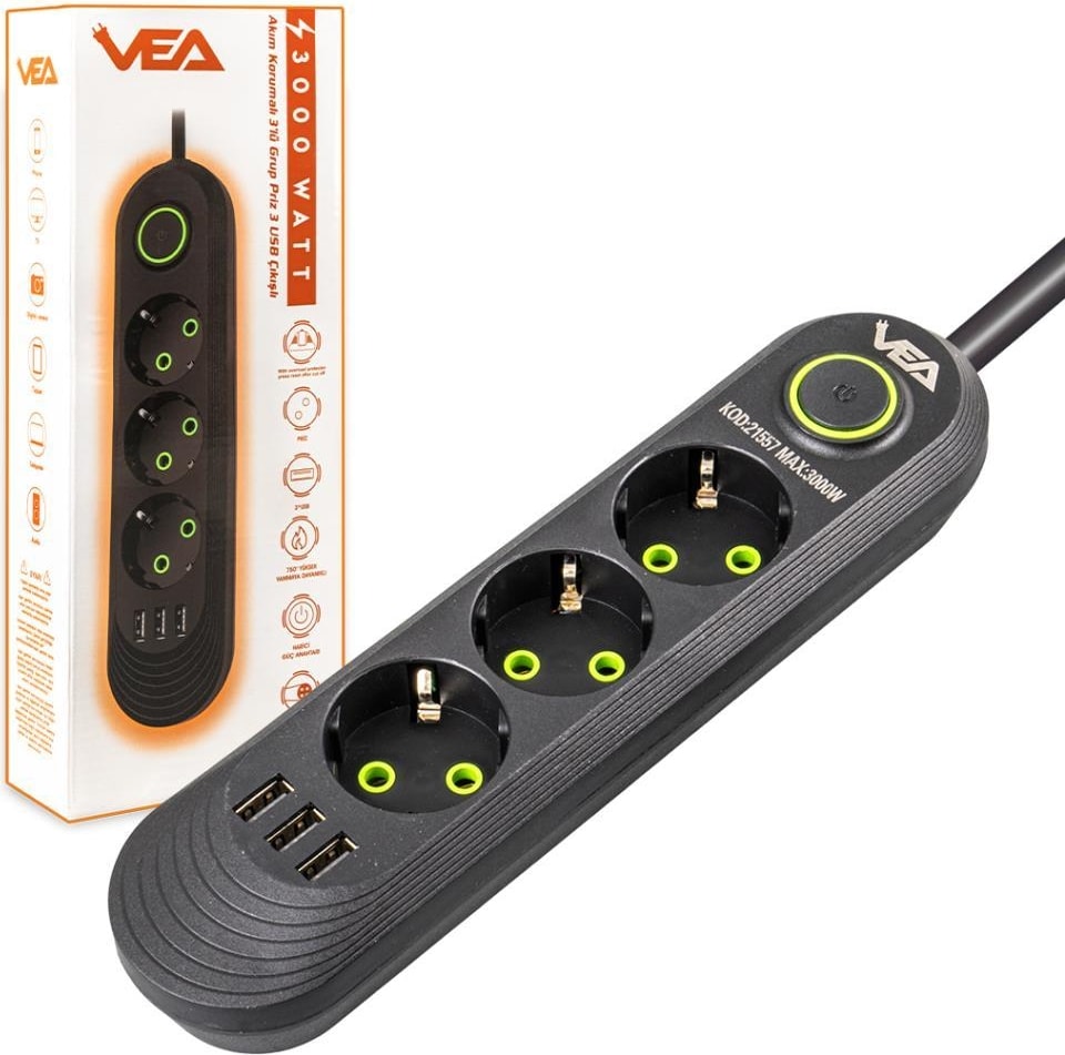 VA-21557 3 x Usb'li 3'lü 1.5 Metre Akım Korumalı Priz Siyah