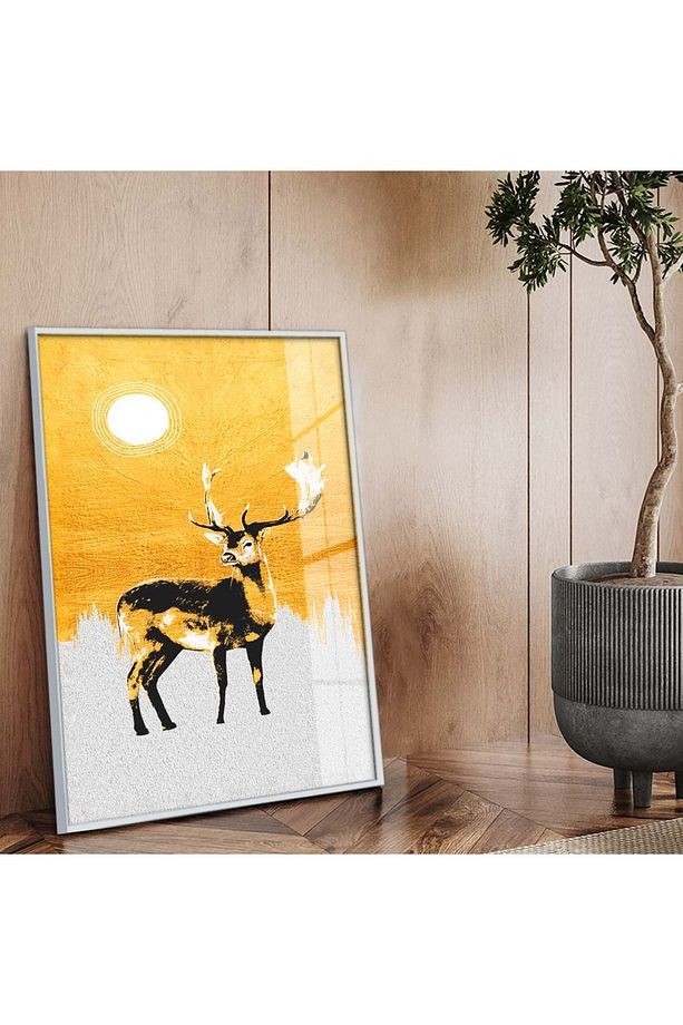 Gümüş Metal Çerçeveli Modern Çizim Geyik Tema Kırılmaz Cam Tablo