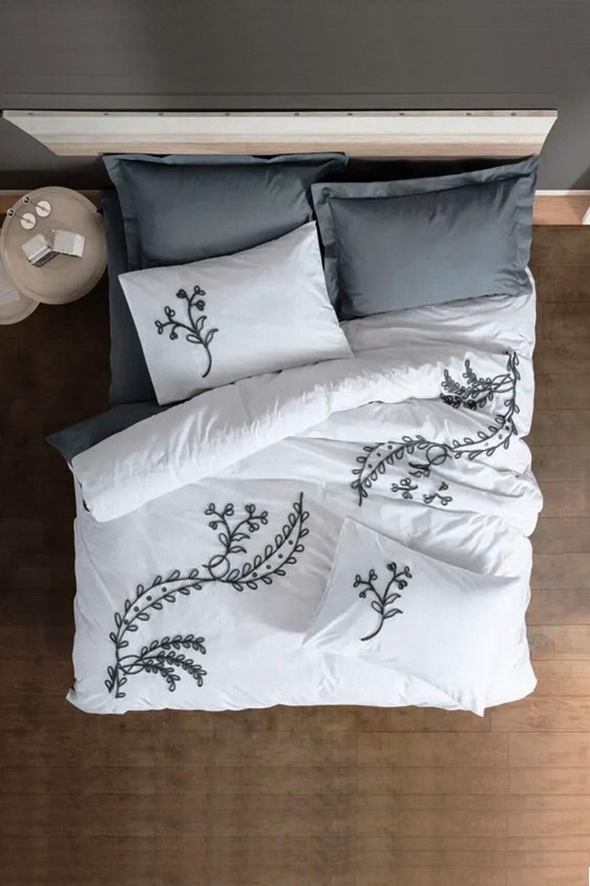 Nakışlı Ranforce Çift Kişilik Nevresim Takımı Ivy Gri