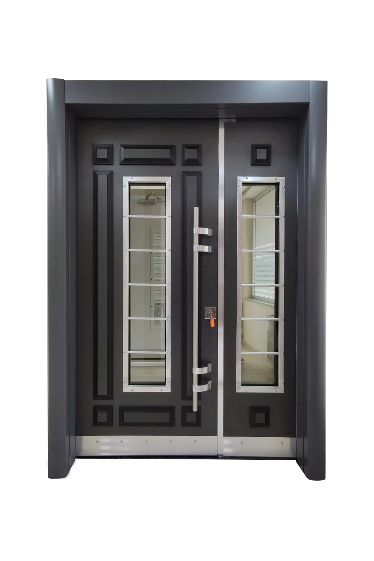 Celik Kapi Model Tezwood Çelik Kapı, Antrasit Rengi Kabartma Model Bina Giriş Kapısı Sol Açılım