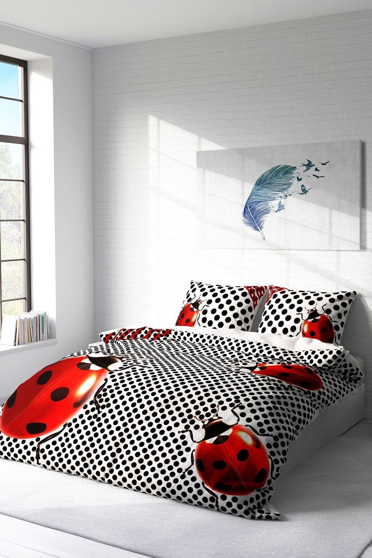 Nevresim Takımı %100 Doğal Pamuk Çift Kişilik 3d Digital Ladybug Naturel