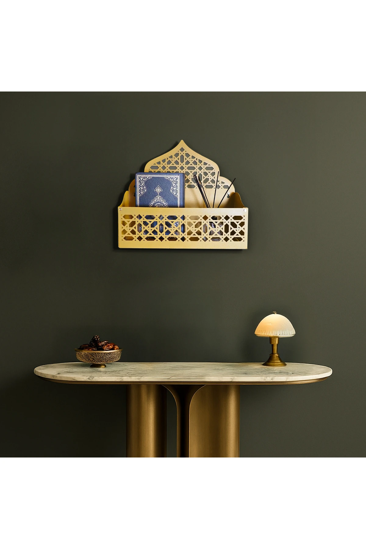 İslami Motifli Metal Duvar Organizeri – Seccade & Kur’an Rafı - WAMH200