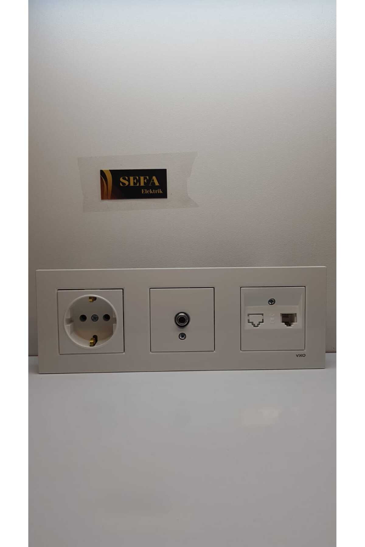 TOPRAKLI PRİZ UYDU PRİZİ TELEFON PRİZİ ÇERÇEVELİ ÜÇLÜ TAKIM BEYAZ  KARRE