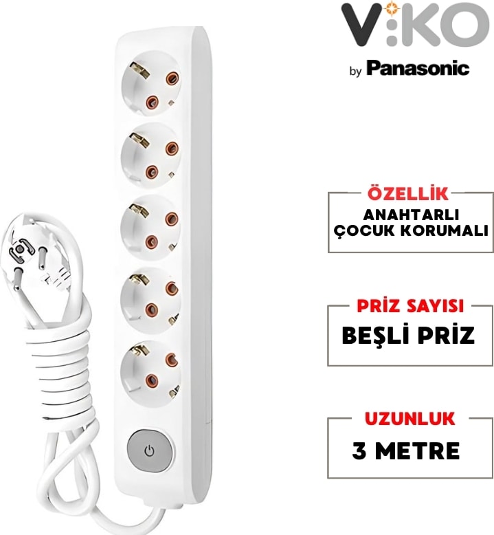 Beşli Grup Priz Anahtarlı Topraklı - Çocuk Korumalı Çoğaltıcı Priz 5'li 3 m Beyaz