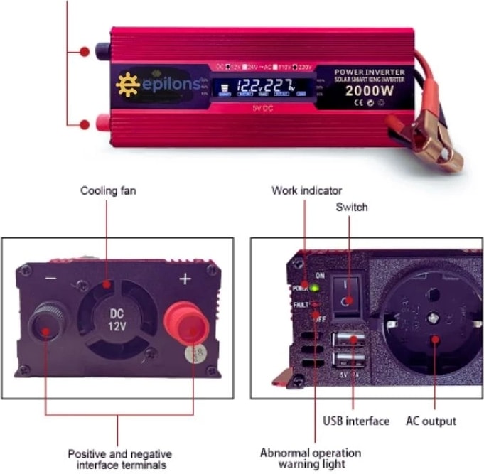 12V 2000W Modifiye Sınus Inverter 220V Dijital Göstergeli- Taşınabilir Güç Kaynağı