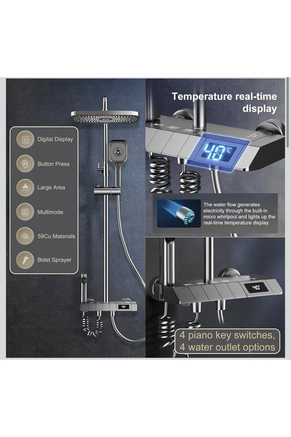 PREMİUM Dijital Göstergeli Piyano Tuşlu Termostatik Banyo Batarya Duş Sistemi (HAM MADDE SARI)