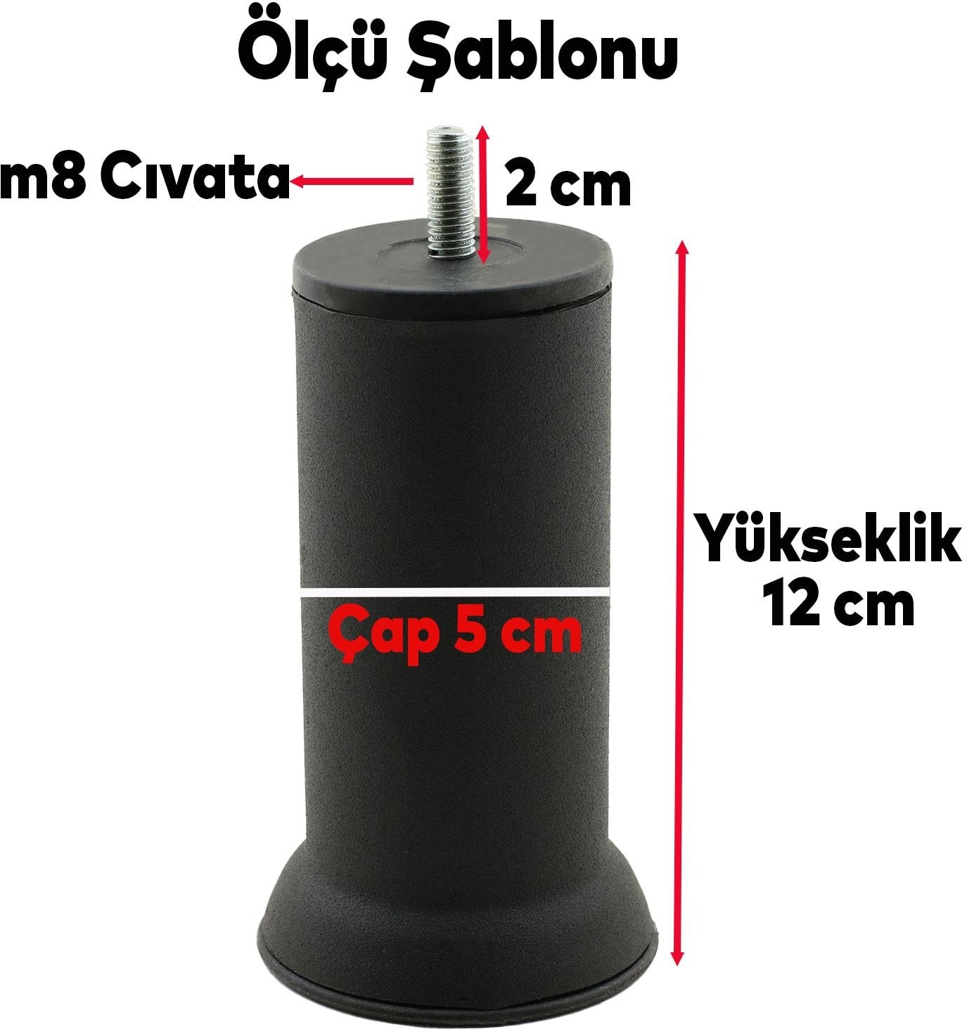 Mobilya Baza Çekyat Kanepe Koltuk Yükseltme Ayağı M8 Ince Diş Siyah Metal Ayakları 12 Cm 4 Adet