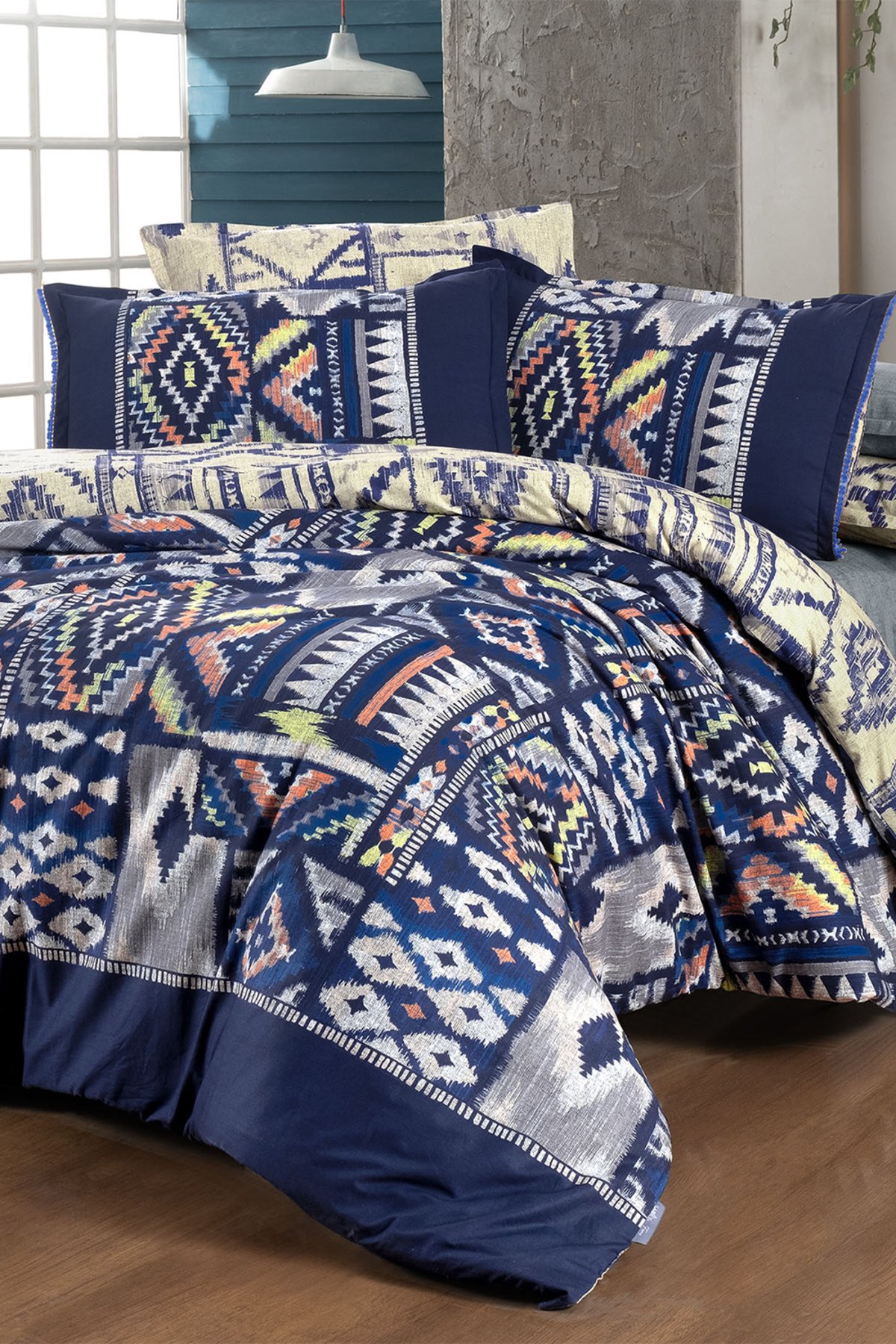 Gilya Mavi King Size (Battal Boy) %100 Pamuk Poplin Yıkamalı Çift Taraflı Nevresim Takımı