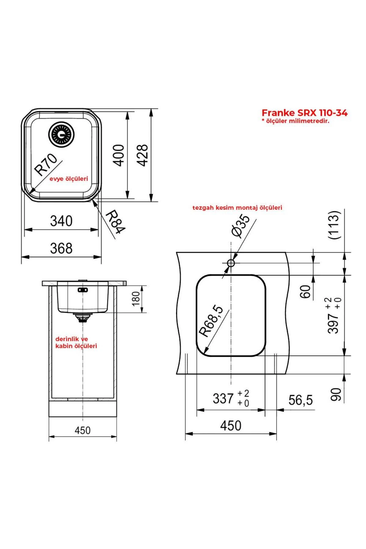 SRX 110-34 Paslanmaz Çelik Eviye, Tezgah altı, 34x40cm