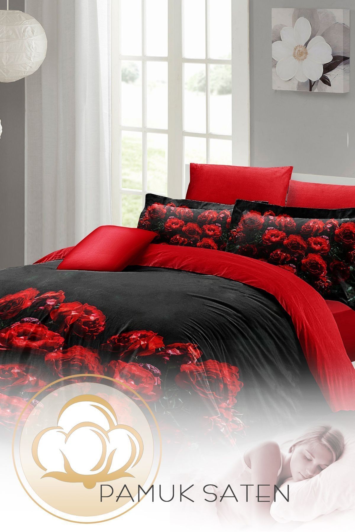 Sevgililer Günü Özel Çift Kişilik Nevresim Takımı Pamuk Saten Black Rose