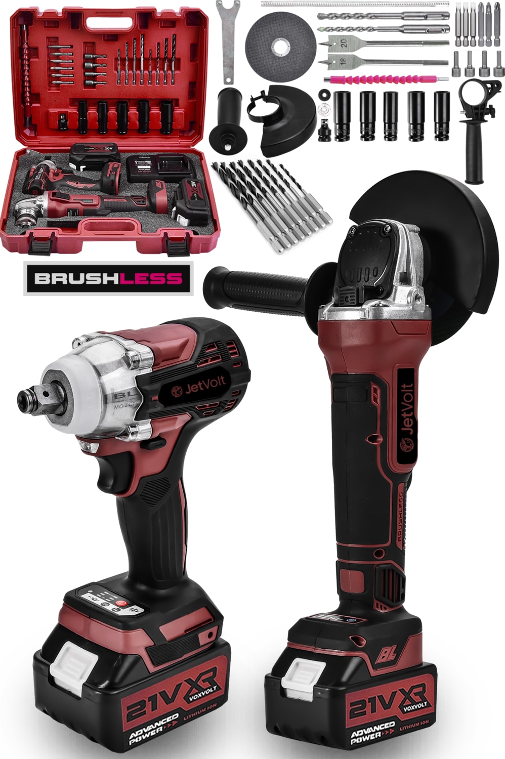 21V 2.0AH Şarjlı Somun Sıkma Sökme Darbeli 450NM + Şarjlı Taşlama 125MM Kömürsüz Profesyonel 2'li Set - Kırmızı