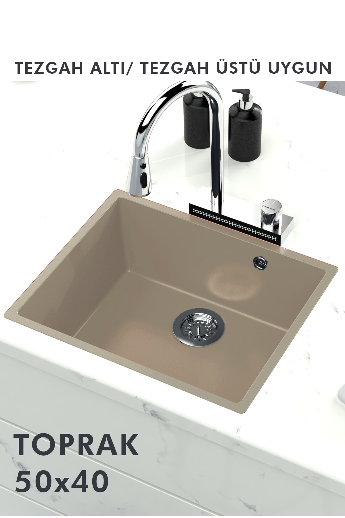 Granit Eviye Tek Gözlü Toprak 50x40 Evye Kuvars Tezgah Altına Uygun