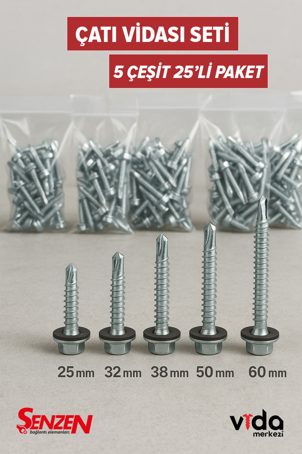 OZKUVVET Çatı Vidası Seti – 25’li Paket (25mm-60mm Arası 5 Ölçü)