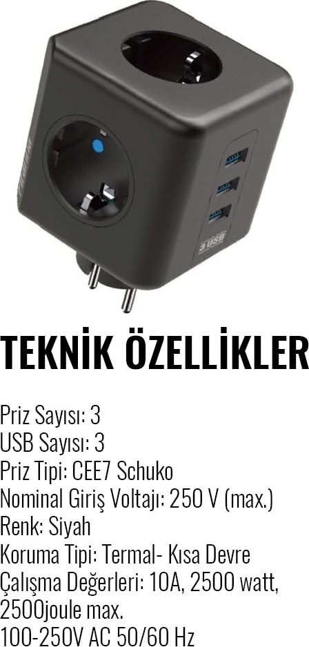 Isıya Dayanıklı Termal, Akım Korumalı 16A 4000W, 3xusb, 2.1 A, 3 Priz, Çocuk Korumalı Çoklu Küp Priz