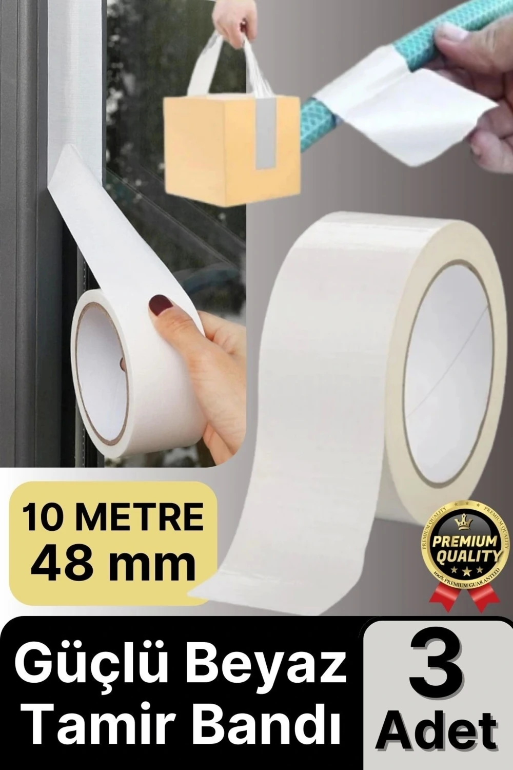 3 Adet Ekstra Güçlü Dayanıklı Su Geçirmez Sızdırmaz Yalıtım Izolasyon Beyaz Tamir Bandı 10 mt 48 mm