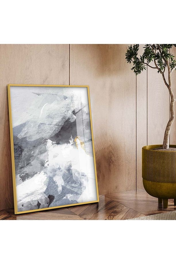Gold Metal Çerçeveli Modern Çizim Soyut Tema Kırılmaz Cam Tablo