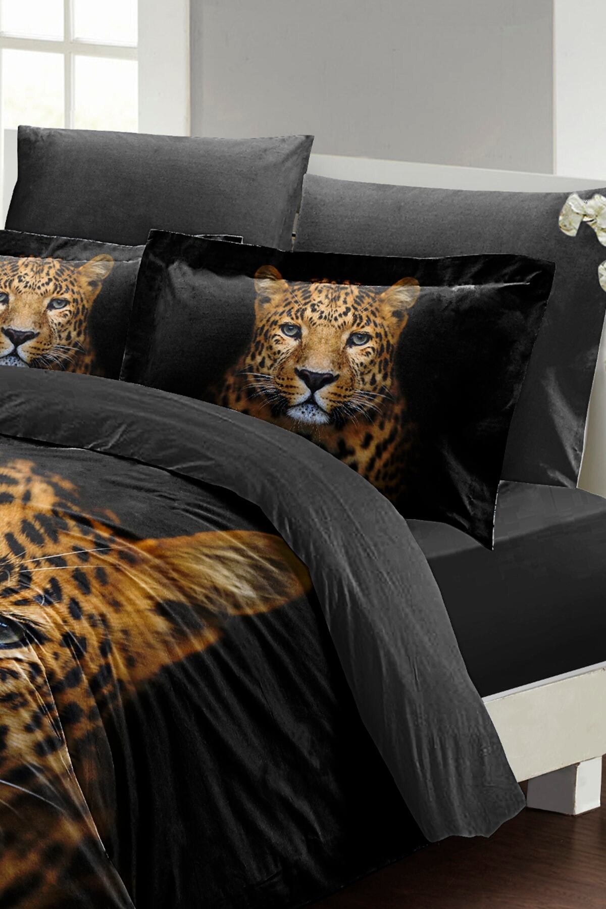 Kıng Sıze Leopar Çift Kişilik Nevresim Takımı %100 Pamuk Saten 3d Özel Tasarım 220x240cm