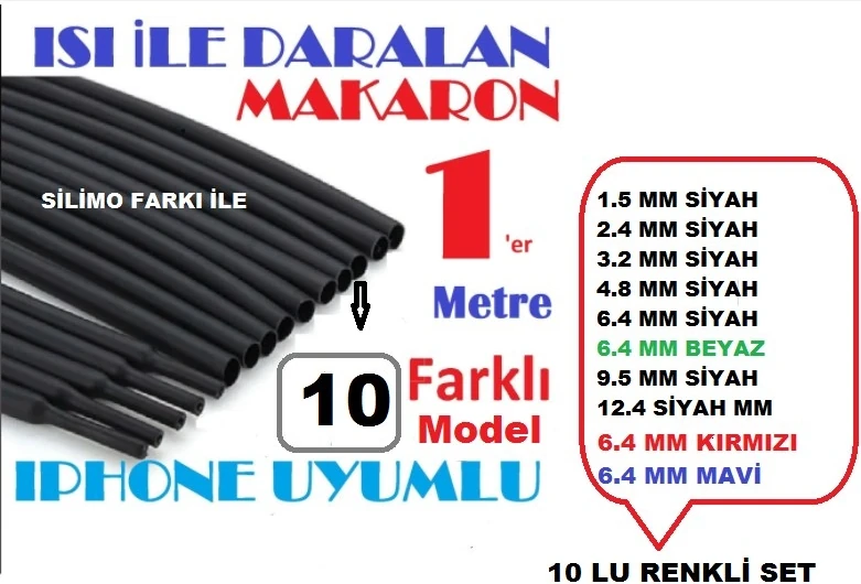 Isıyla Daralan Makaron 10'lu Renkli Set (1'er Metre) Kablo Tamir Kiti