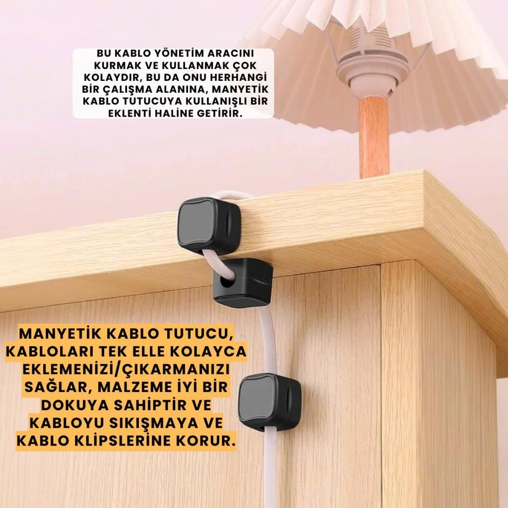 6 Adet Set Yapışkanlı Manyetik Kapaklı Kablo Düzenleyici Organizer, Ev, Ofis, Kablo Düzenleyici