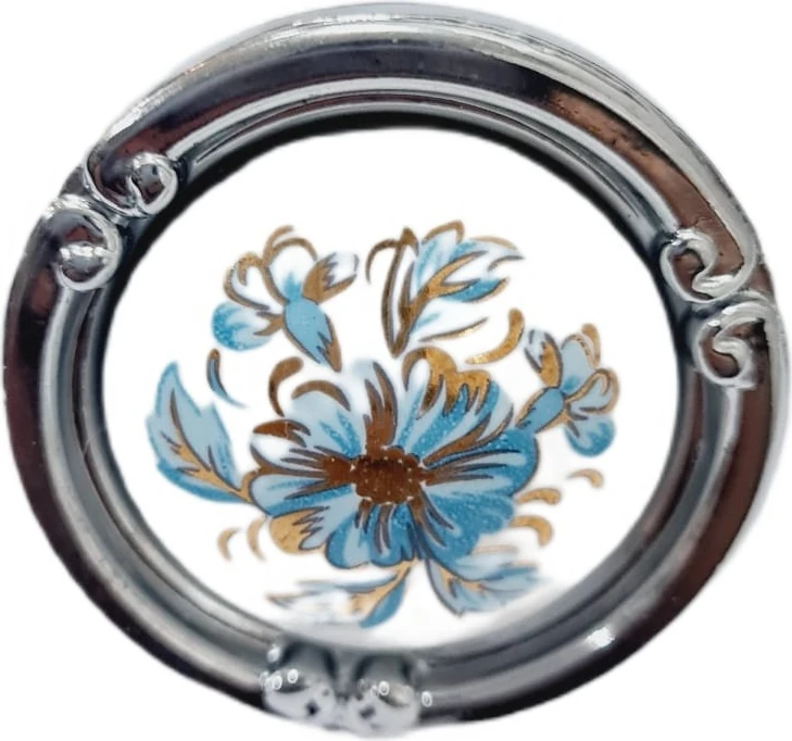 Porselen Düğme Kulp Metal Krom Beyaz Motifli / 5 Adet