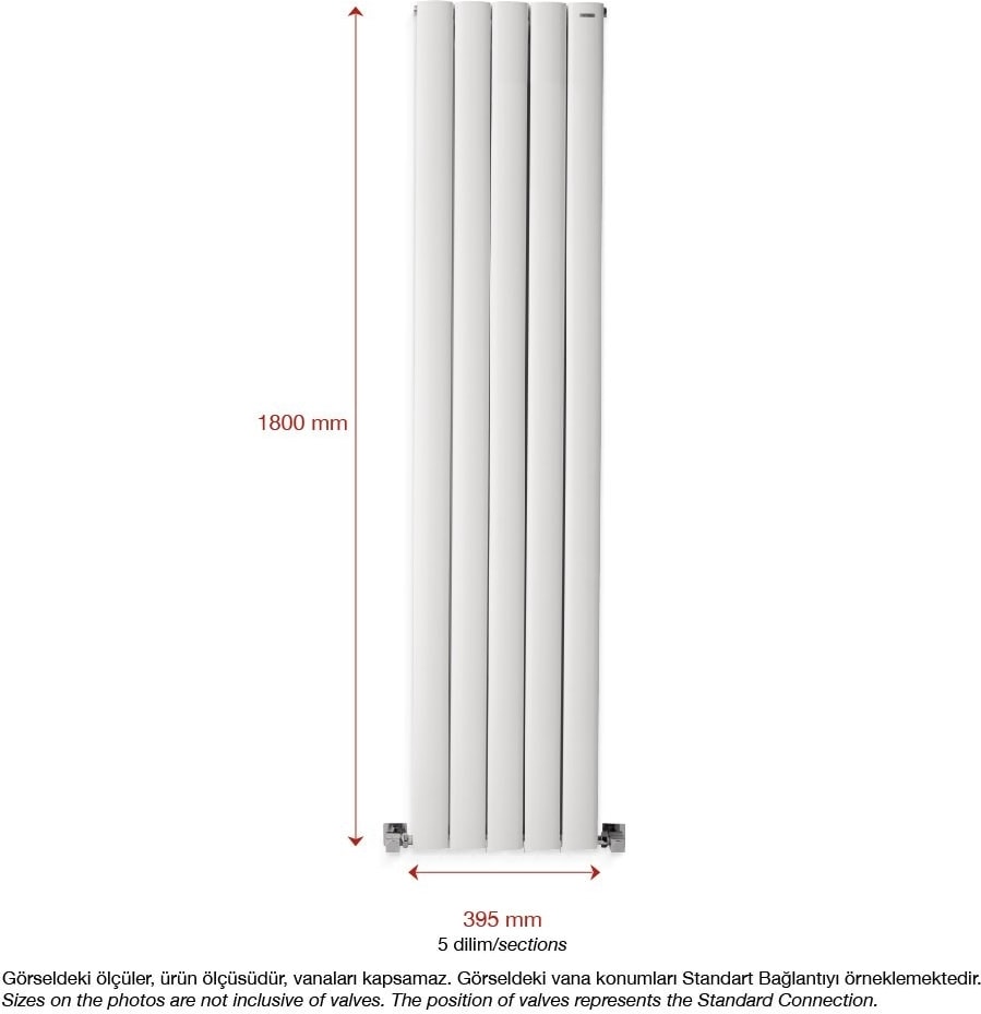 1800 x 395 mm Lilac Dikey Beyaz Alüminyum Radyatör Standart Bağlantı
