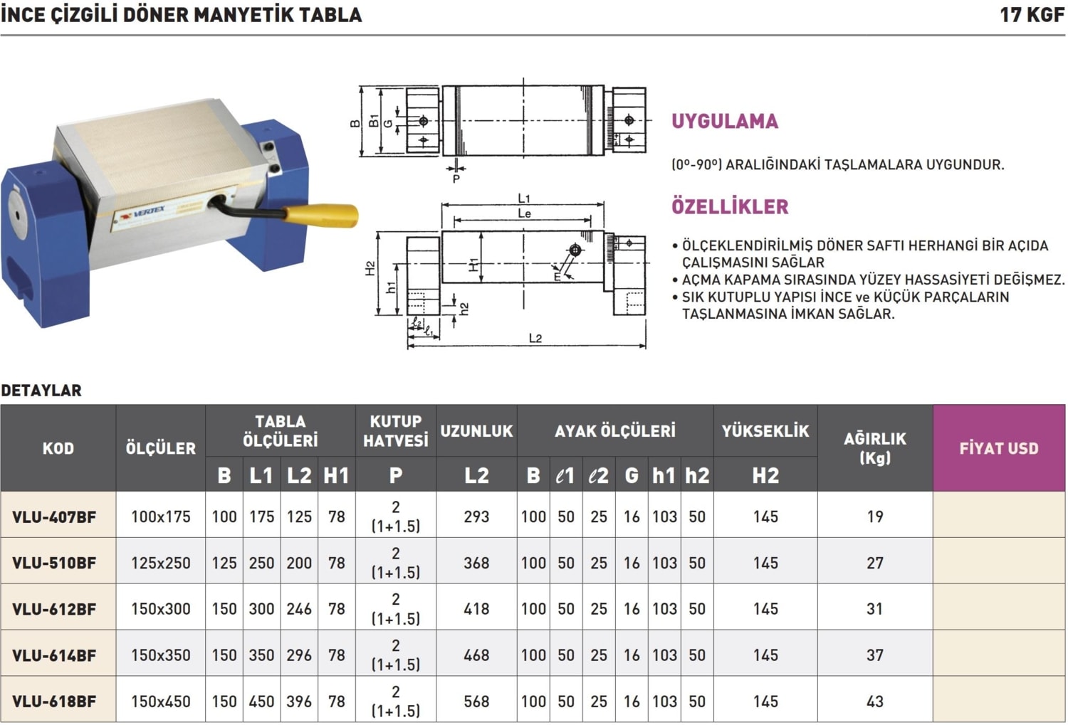 150X350MM Vertex 17KGF Ince Çizgili Döner Manyetik Tabla VLU-614BF
