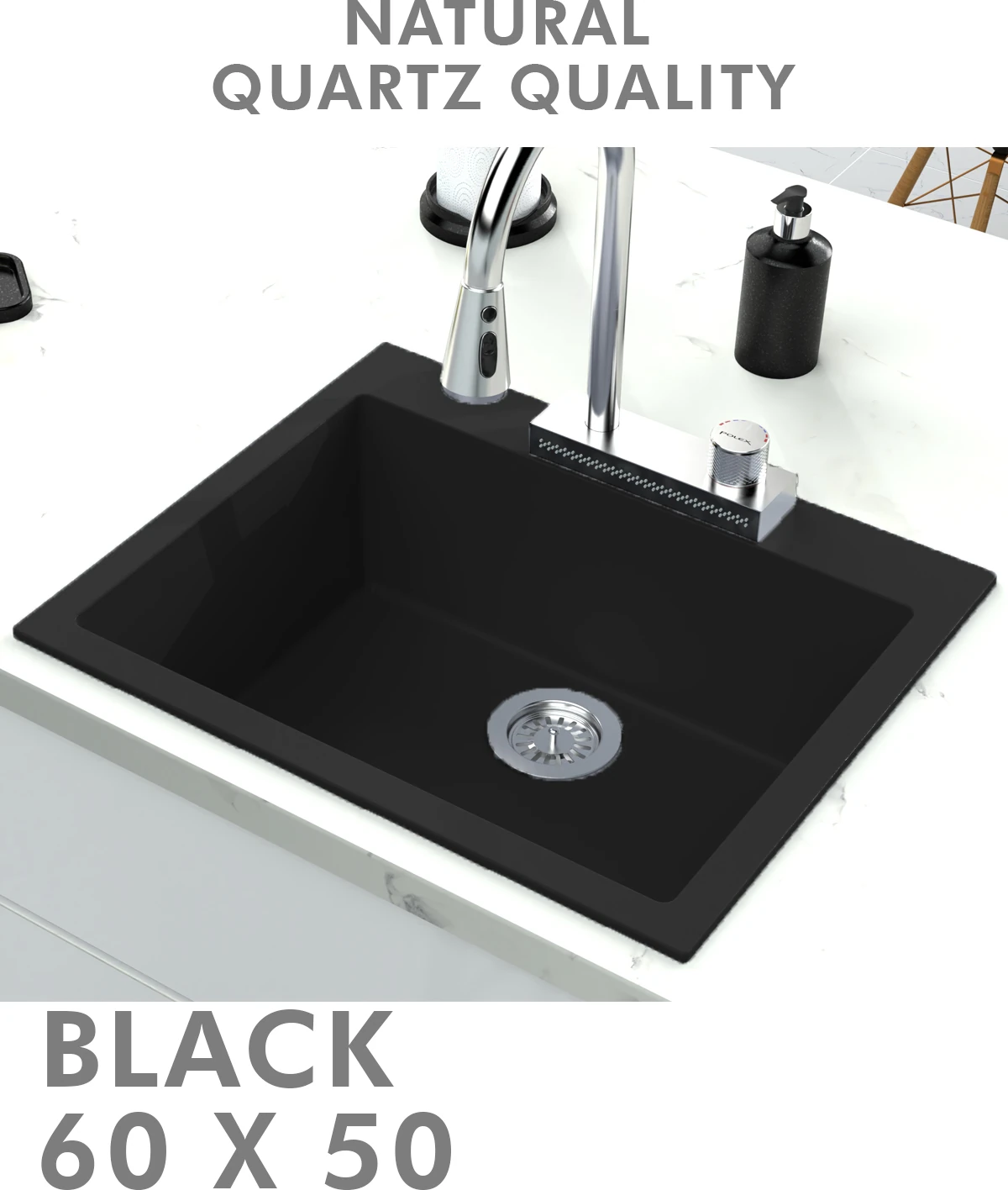 Granit Eviye 1 Gözlü Siyah 60 x 50 Kuvars