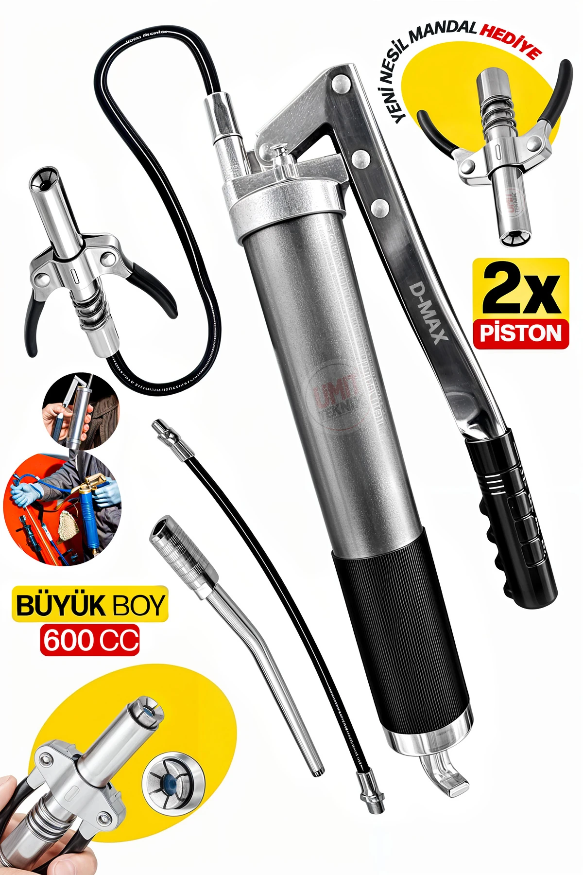 Mekanik Büyük Boy 600CC  Sızdırmaz Çift Mandallı 2x Piston Gres Pompa Takımı Demir Hortumlu Set