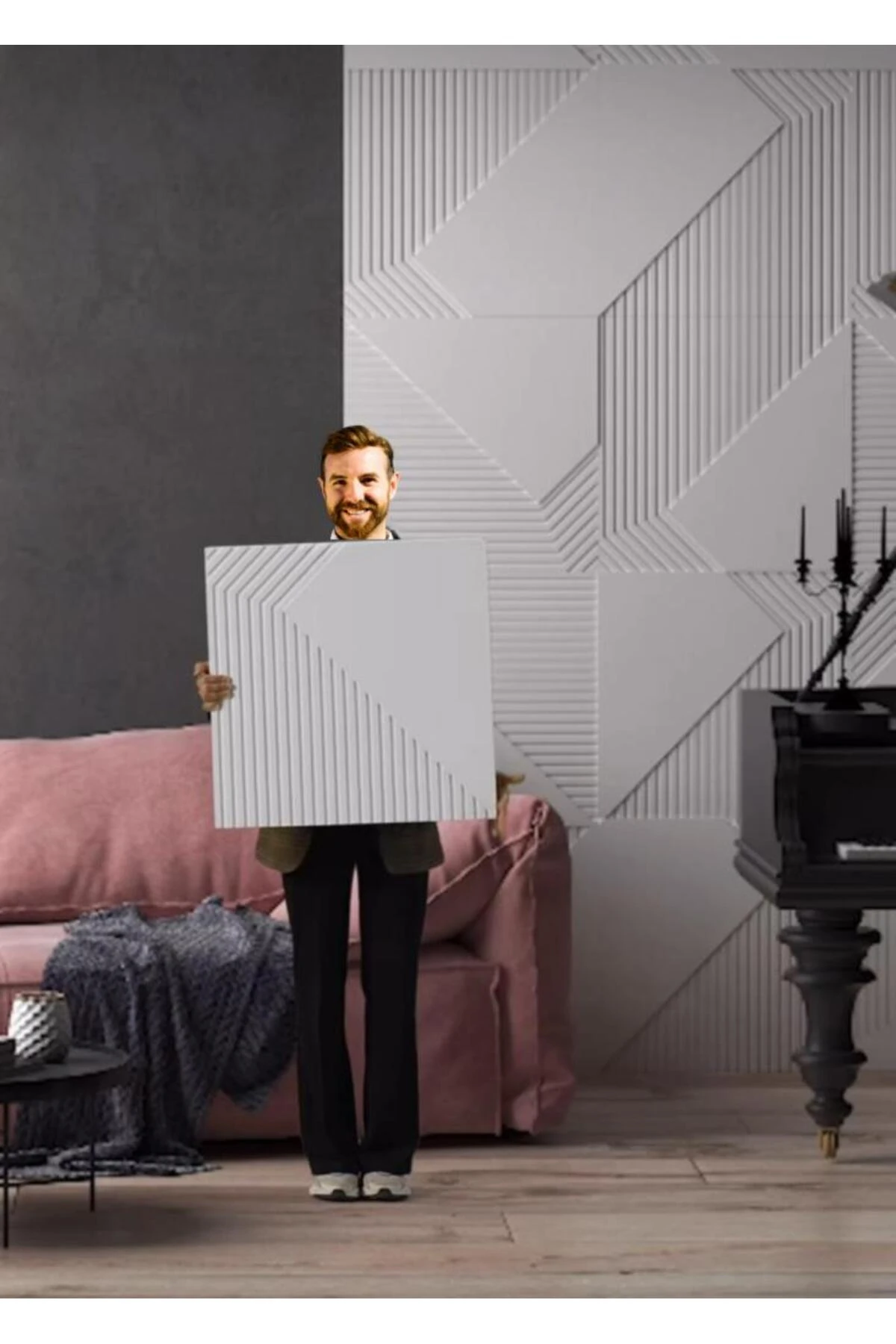 50cmx50cm 1Adet Beyaz 3D Abs Çizgili Desenli PVC Dayanıklı Duvar Paneli Silinebilir Lambiri Model