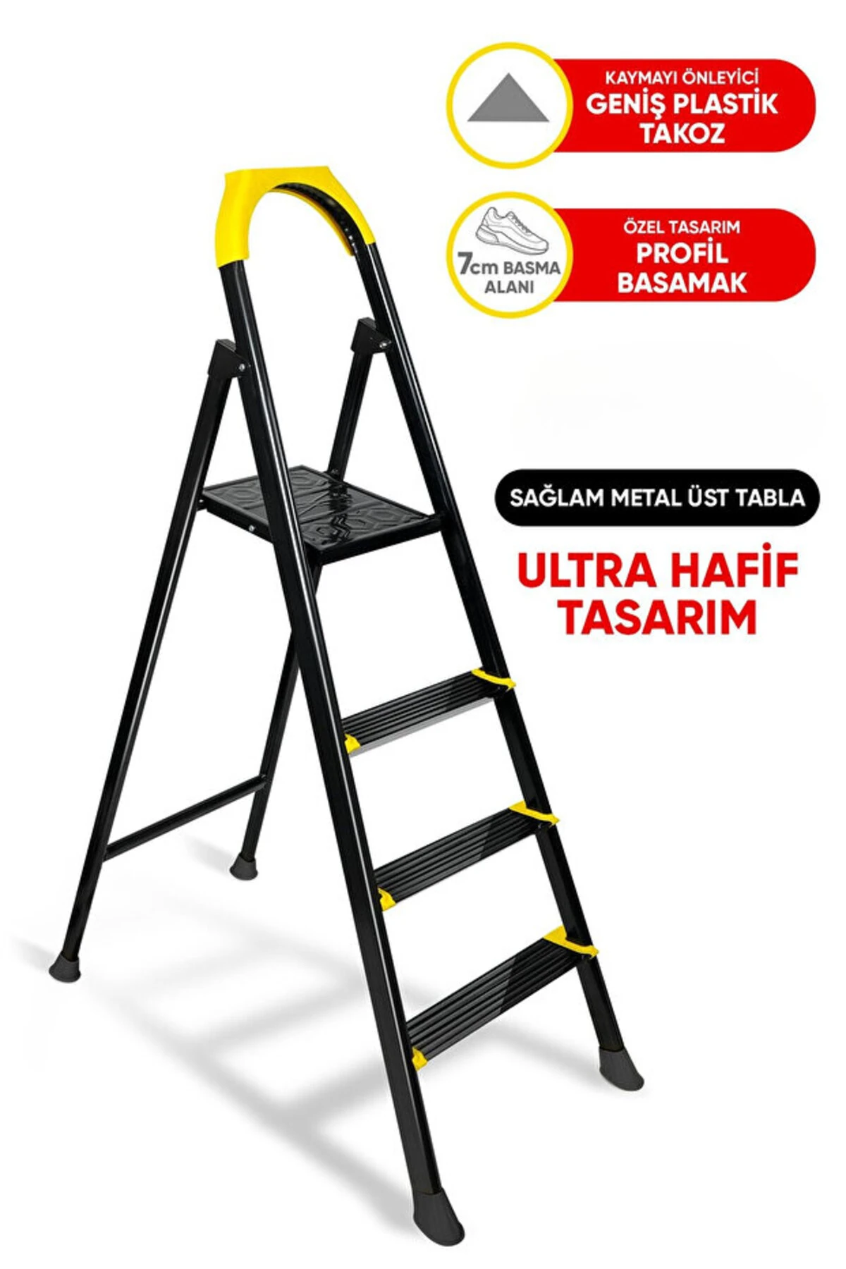 Ze Hardy 3+1 Basamaklı Özel Tasarım Hafif Merdiven (Kaymaz Papuçlu) Dayanıklı Paslanmaz