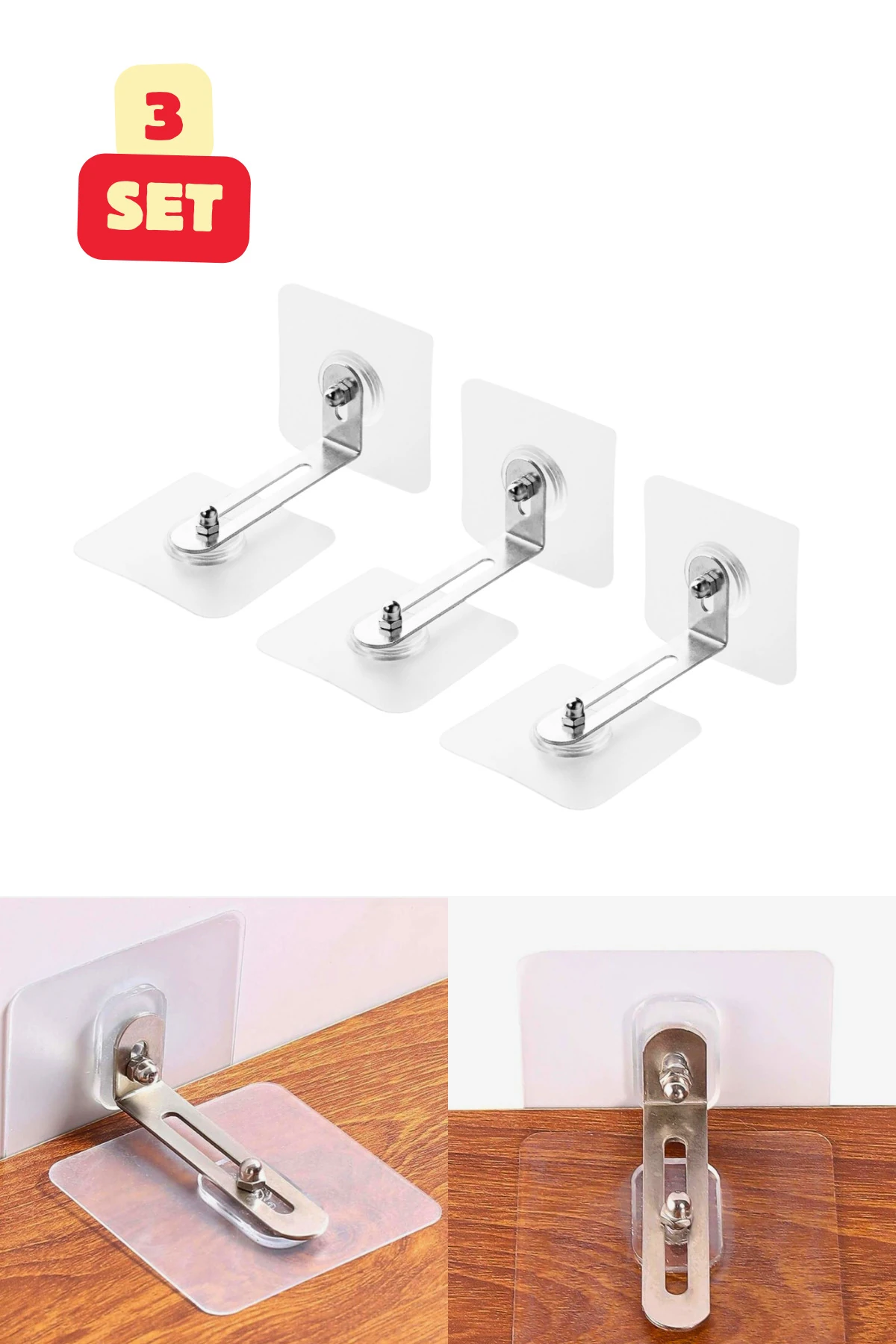 3 Adet Şeffaf Mobilya Sabitleme Tutma Dolap Eşya Sabitleyici Kilit Özellikli Yapışkanlı Tutucu