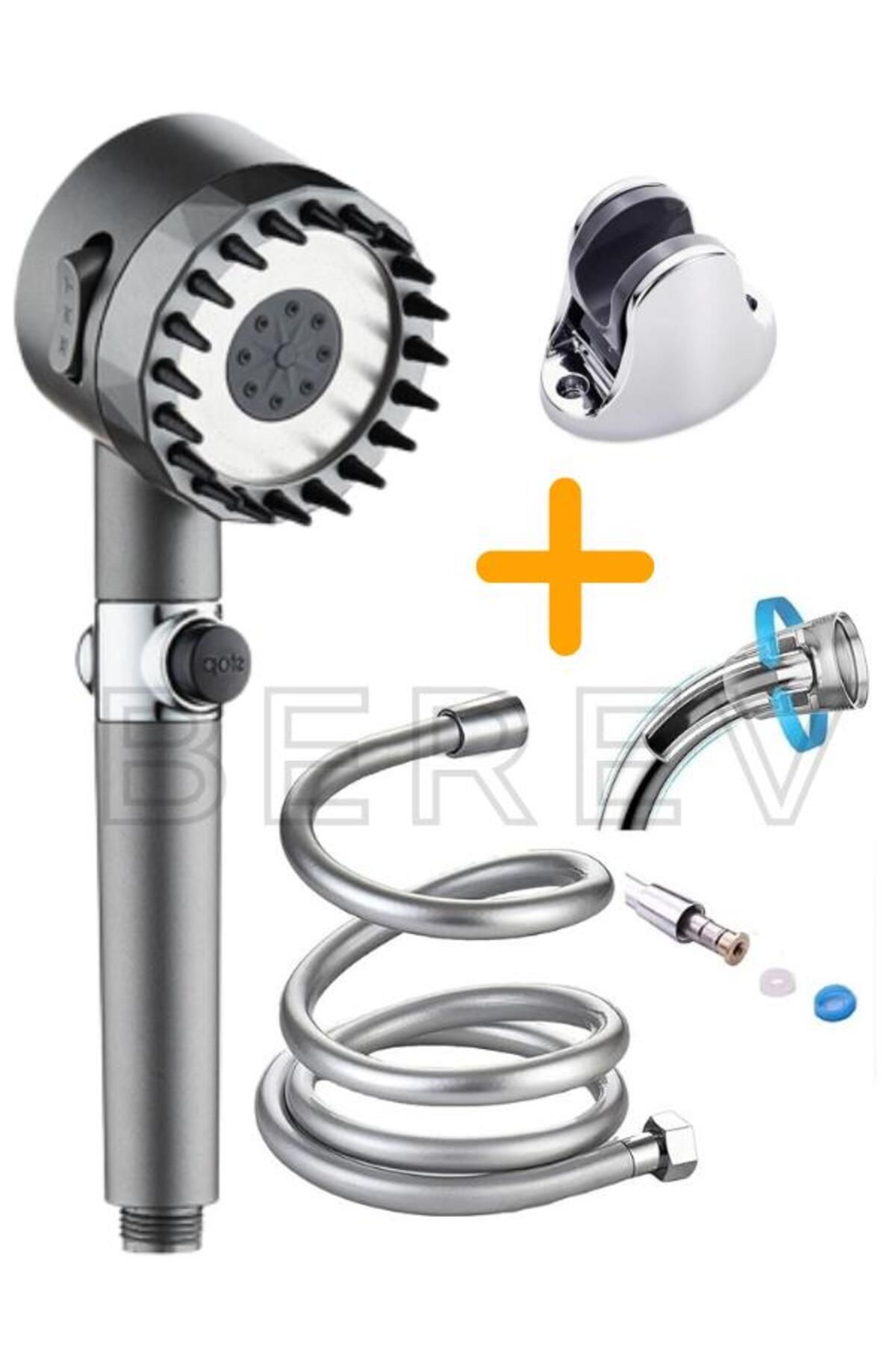 3 Fonksiyonlu Start Stop Tuşlu Filtreli Basınçlı Masaj Etkili Duş Başlığı Krom Pvc Hortum ve Mafsal