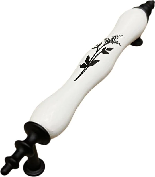 Porselen Kulp Zeytindalı Desenli 128MM(12.8CM) Ayakları Krom -Siyah Mobilya Çekmece Kapak Kulbu