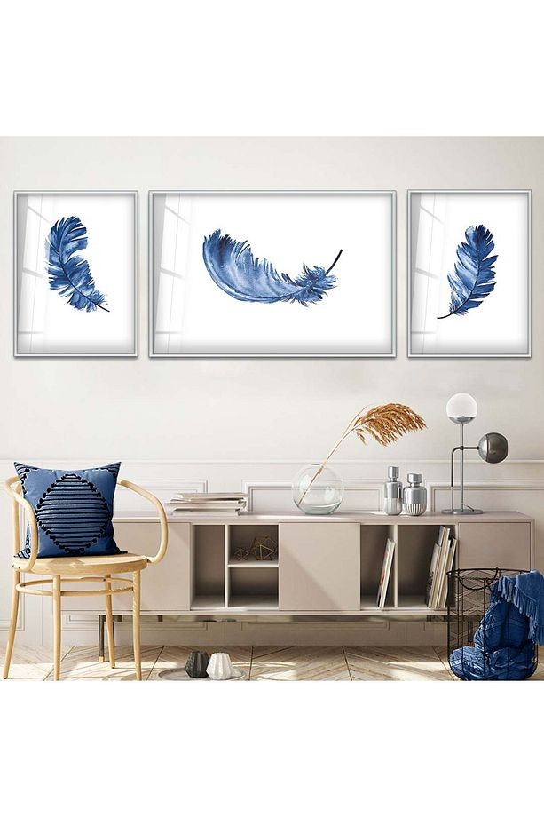 Gümüş Metal Çerçeveli Mavi Kuş Tüyü Üçlü Kırılmaz Cam Tablo Seti