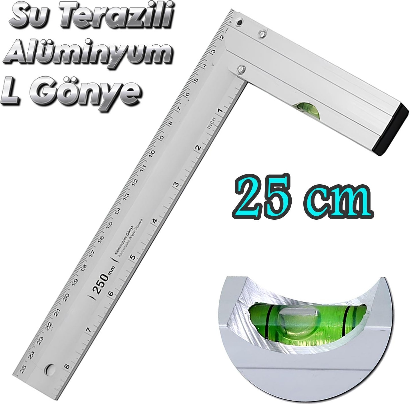 Alüminyum L Gönye Su Terazili Cetvel Kaynak Kaynakçı Marangoz Gönyesi 250 mm